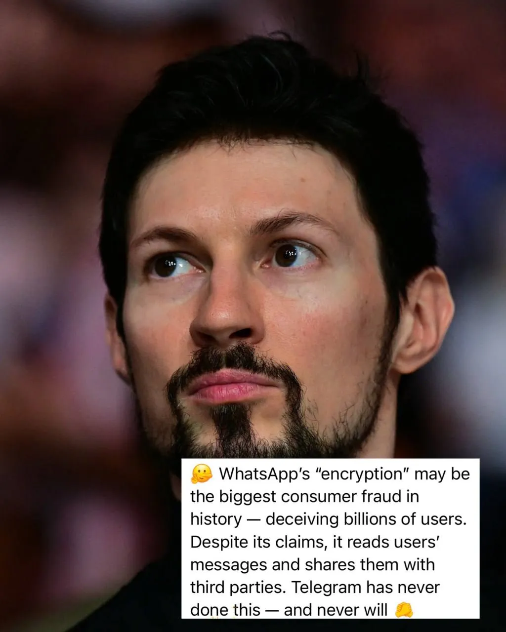 Дуров заявил что шифрование WhatsApp претендует на звание крупнейшего мошенничества в истории Он считает что так были обмануты миллиарды людей По его словам мессенджер читает сообщения своих пользователей и передает их данные третьим лицам Он подчеркнул что Телеграм никогда такого не делал и никогда не будет принадлежит Meta которая признана экстремистской и запрещена в России ВПШ
