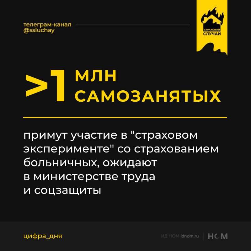 Всего в РФ 14 6 млн самозанятых Ранее правительство внесло на рассмотрение Госдумы проект о проведении эксперимента о добровольном страховании самозанятых граждан в рамках системы обязательного социального страхования на случай временной нетрудоспособности Стоимость предложенного страхового продукта от 15 тыс и до почти 23 тыс руб здесь о нем больше подробностей Как теперь уверяют в Минтруде   за три года проведения эксперимента полисы должны получить более 1 млн человек   уровни платежей являются соразмерными   сколько взносов столько и выплат   право на получение возмещения заработка наступает лишь через шесть месяцев платежей сообщил статс секретарь заместитель министра труда и социальной защиты РФ Андрей Пудов на заседании комитета Госдумы по труду социальной политике и делам ветеранов   Страховой случай