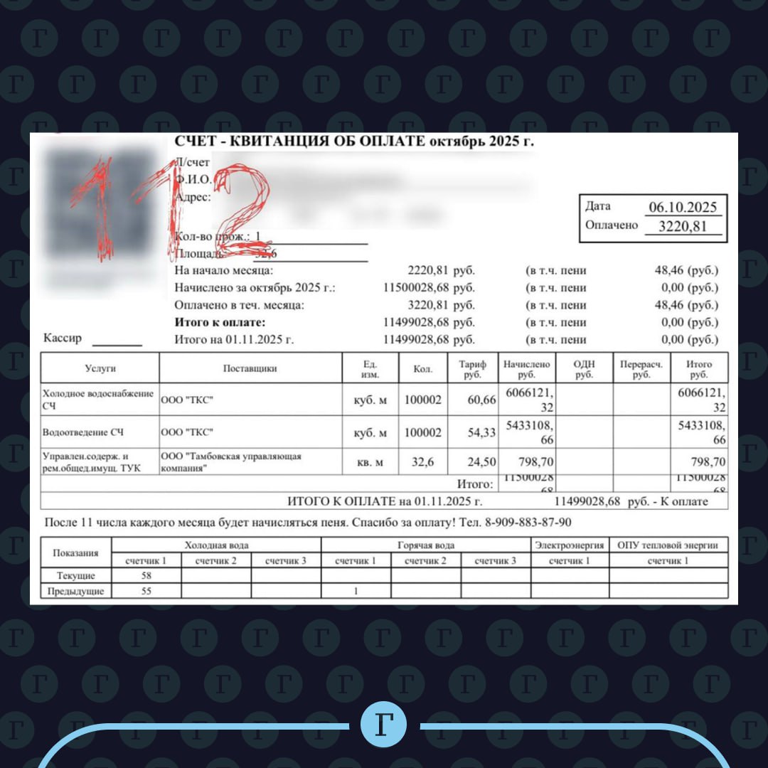 Россиянке пришел счет за воду в пустующей квартире на 11 млн руб Космическая сумма появилась в квитанции жительницы Тамбовской области за однушку площадью 33 квадрата где уже несколько лет никто не живет В платежке указали что девушка якобы потратила за месяц 100 млн литров холодной воды Россиянка сразу обратилась в управляющую компанию где ей ответили что разбираются в произошедшем
