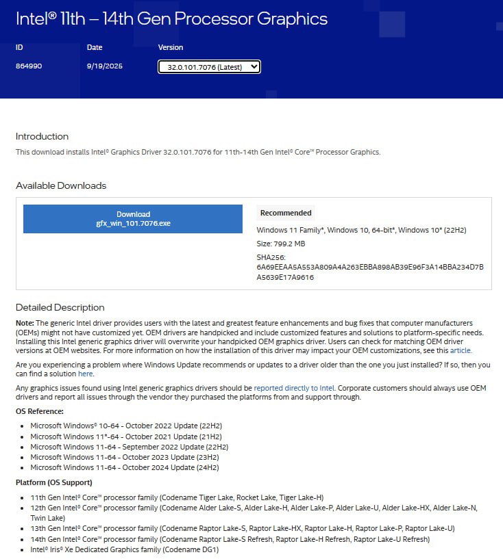 Intel выпустила графический драйвер версии 32 0 101 7076 рассчитанный на встроенную графику процессоров Core 11 14 го поколений и дискретную карту Xe LP DG1 Поддержки видеокарт Arc Alchemist и Battlemage в этом пакете нет Ранее единый пакет охватывал сразу все графические решения Intel но теперь драйверы по всей видимости разделены