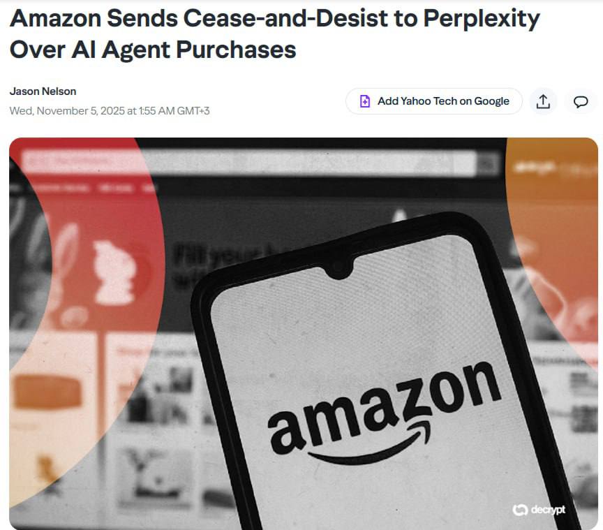 Amazon направила стартапу Perplexity AI письмо с требованием прекратить использование его браузерного помощника Comet для совершения покупок на сайте обвинив компанию в том что она маскирует ботов под реальных пользователей и нарушает правила платформы По словам Amazon действия ИИ ухудшают опыт покупателей и создают риски для конфиденциальности В ответ Perplexity назвала претензии шантажом и заявила что её агент действует только от имени пользователя используя его данные а не серверы компании Конфликт стал одним из первых крупных споров вокруг agentic browsers браузеров с автономным ИИ которые могут самостоятельно бронировать заполнять формы и совершать покупки онлайн Ситуация особенно примечательна тем что Perplexity работает на инфраструктуре AWS а инвестором компании является основатель Amazon Джефф Безос Постмаркетинг Подпишись ибо грядет