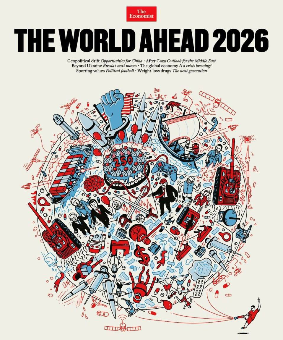 The Economist выпустил ежегодную обложку ребус с прогнозами на 2026 год На ней мир показан как футбольный мяч в центре торт с цифрой 250 в честь юбилея США а летящий мяч намекает на ЧМ в Северной Америке Журнал предсказывает продолжение конфликтов в Украине Судане и Мьянме хрупкий мир в Газе рост напряжённости между США Китаем и Россией увеличение военных расходов в Европе и усиление влияния Китая на фоне политики Трампа