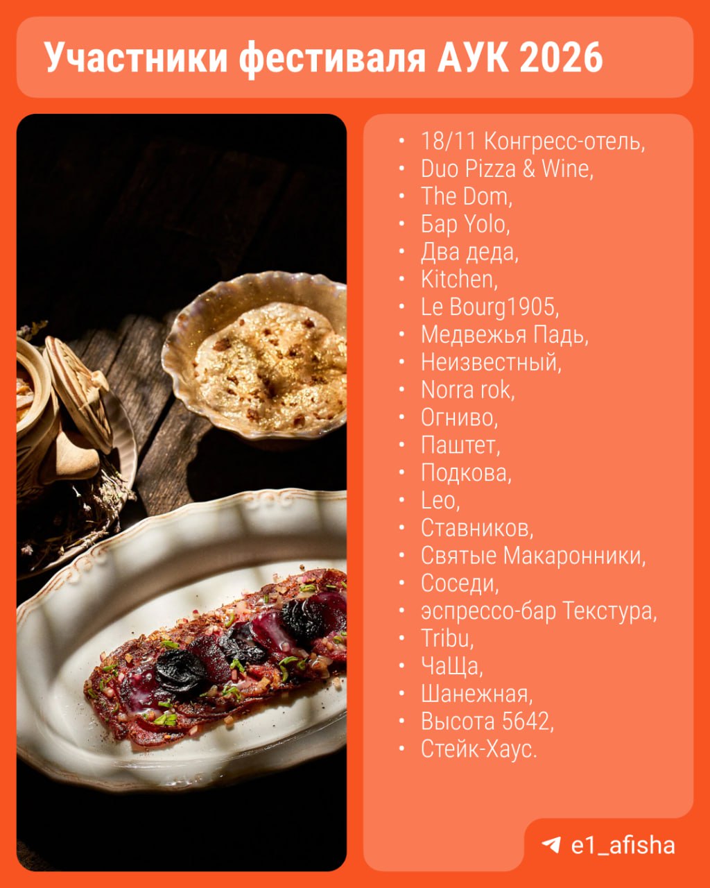 В Екатеринбурге пройдет фестиваль уральской кухни Интересные блюда из локальных продуктов в ресторанах можно попробовать с 14 января Участвует 60 ресторанов из 11 городов в том числе Екатеринбург Челябинск Пермь Верхняя Сысерть Нижний Тагил Тобольск Фестиваль не только знакомит гостей с местной кухней но и вдохновляет поваров учиться чему то новому Ведь чтобы стать участником нужно было выполнить несколько условий Одно из них изучить историю Урала Наша задача стимулировать шефов на креатив чтобы они выходили за рамки своих стандартных решений И чем сложнее задание тем сложнее взять что то из своей обычной работы Каждый год мы придумываем новые условия участия Во первых это сразу отсеивает тех кто не хочет стараться Во вторых делает фестиваль интереснее рассказал основатель движения АУК Сергей Мирошников Список участников из Екатеринбурга смотрите в карточке Каждый ресторан приготовил сет из трех необычных блюд Повара использовали крупы травы дичь местные ягоды О самых интересных сетах будем рассказывать на e1 afisha Подпишись чтобы не пропустить E1 Афиша теперь в MAX