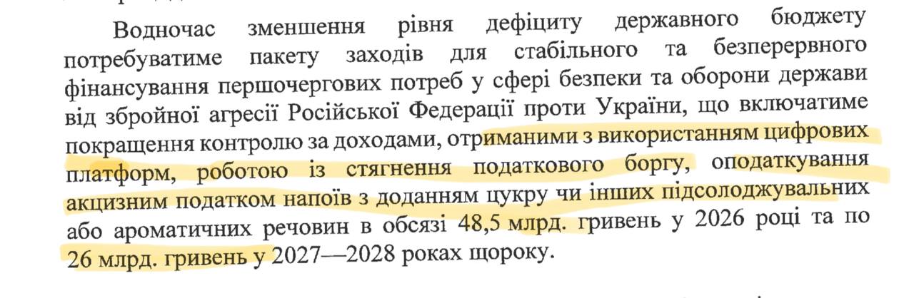 В Бюджетной декларации на 2026–2028 годы прямо обозначены планы власти по увеличению налоговой нагрузки. Уже в 2025 году планируется принять решения, которые позволят начать сбор дополнительных налогов с 2026-го.   В частности, речь идет о введении налога на онлайн-платформы — так называемый «налог на OLX», акциза на сладкие и газированные напитки, а также об ужесточении системы взыскания налоговой задолженности.  Согласно расчётам Минфина, ожидается, что эти шаги принесут в бюджет дополнительно 48,5 млрд гривен в 2026 году и по 28 млрд — в 2027 и 2028 годах.  Однако в этом финансовом документе, как сообщает нардеп Железняк, не нашлось места для одного из ключевых вопросов — борьбы с таможенной контрабандой. Потери государства от серых схем на границе оцениваются в сумму не менее 50 млрд гривен в год, а перезагрузка работы таможни была формально закреплена в принятом законе. Несмотря на это, в проекте Бюджетной декларации Минфин предпочел обойти тему молчанием.