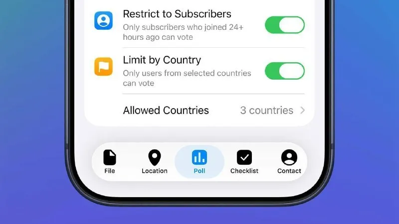 Новая функция в Telegram позволяет владельцам каналов запускать опросы доступные только подписчикам или жителям определённых стран это почти полностью исключает возможность накрутки голосов Теперь люди в таких местах как Россия могут видеть реальные результаты Например только 5 поддерживают ограничения в интернете а не 52 как утверждали старые сфальсифицированные опросы заявил Павел Дуров veraafanasyeva