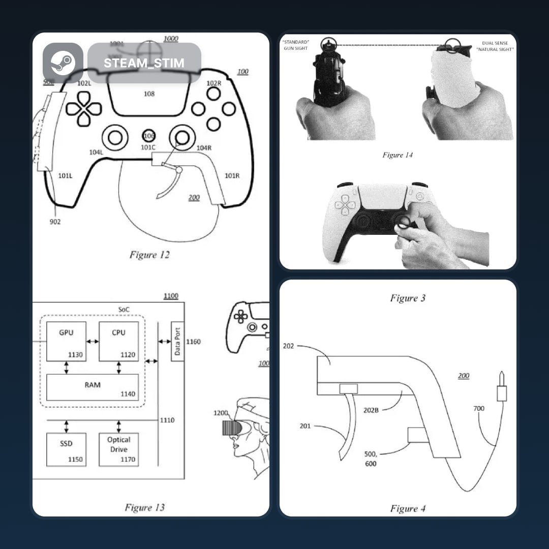 Sony превратит Dualsense в оружие — это будет некий прорыв для шутеров  Патент: спусковой крючок крепится к контроллеру, превращая его в «пистолет» — геймпад нужно держать боком, а «прицеливаться» через щель между R1 и R2.  Возможно, это станет основой для новых VR- или шутер-игр. Что думаете?    — Классная идея ждём   — Будет очередной побрекушкой    Steam Игры   Чат