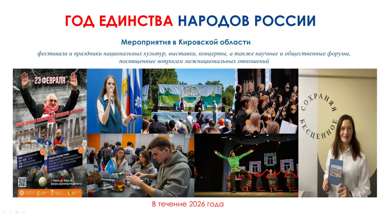 Андрей Лучинин вице губернатор Кировской области Отмечу что мероприятия посвященные Году единства народов России уже идут Например вчера состоялся межрегиональный футбольный турнир на Кубок Дружбы имени Никиты Симоняна События в рамках Года единства народов России планируются на территории города Кирова и муниципальных образований Кировской области Программа включает фестивали и праздники национальных культур выставки концерты а также научные и общественные форумы посвященные вопросам межнациональных отношений