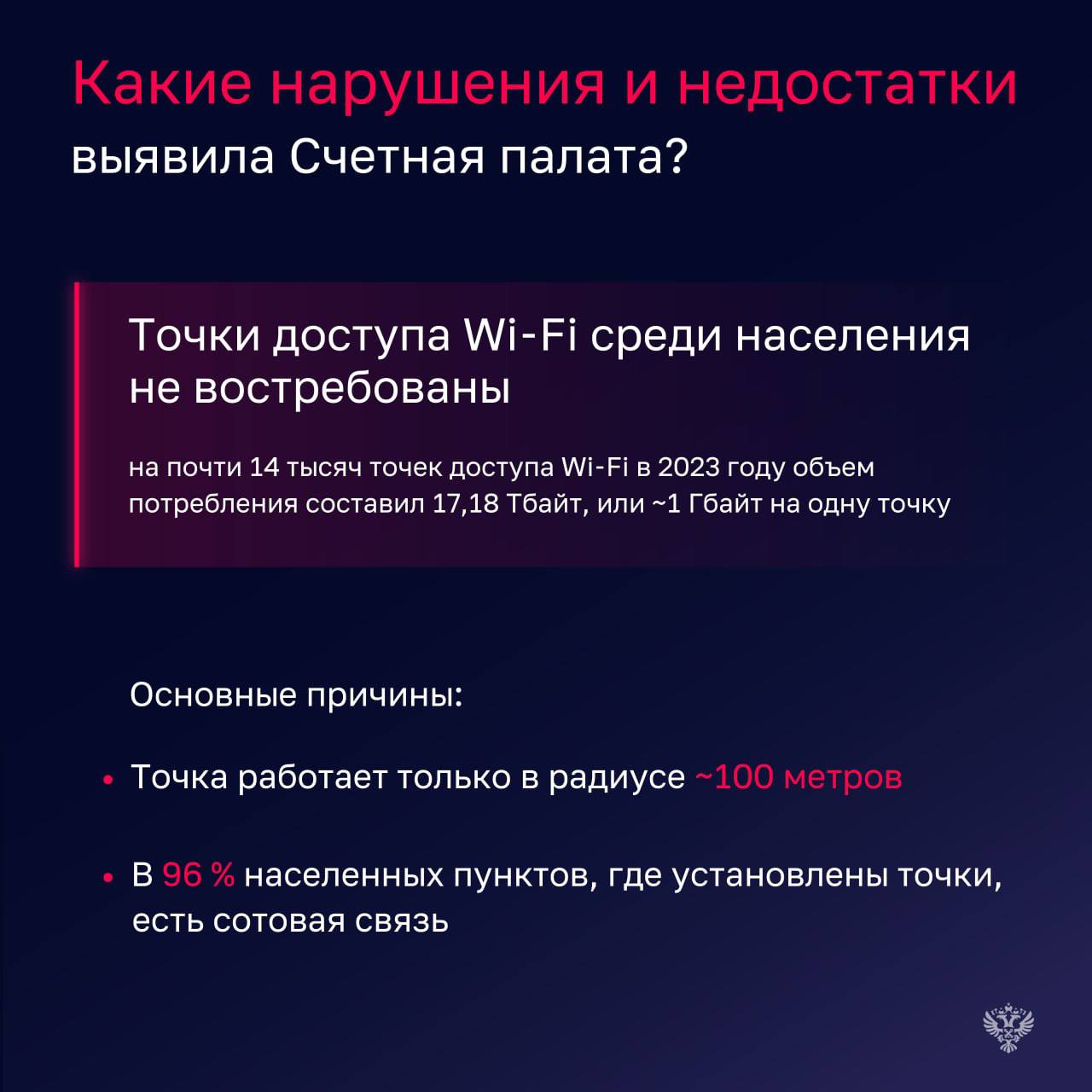 Бюджетные средства, направленные на предоставление универсальных услуг связи в 2021-2023 годах, расходовались недостаточно эффективно. Основными причинами допущенных нарушений стали: Некачественное планирование мероприятий Недостаточный контроль за ходом их реализации со стороны Минцифры Ненадлежащее выполнение Ростелекомом своих обязательств по договору Проверка показала, что созданные в рамках договора с ПАО Ростелеком Wi-Fi точки практически не используются. Более чем в 1 тыс., населенных пунктах, где они установлены, трафик почти нулевой. Услуги сотовой связи населением востребованы значительно больше. Счетная палата направила в Минцифры ряд рекомендаций, направленных на повышение эффективности мероприятий по устранению цифрового неравенства, а также на экономию бюджетных средств: Нормативно закрепить порядок определения перечня населенных пунктов, в которых должны оказываться универсальные услуги связи Определить критерии отключения невостребованных точек доступа Wi-Fi и отключить точки, соответствующие таким критериям, что приведет к сокращению расходов на эксплуатацию Внести изменения в условия договора с Ростелекомом, направленные на усиления контроля со стороны Минцифры Счетная палата