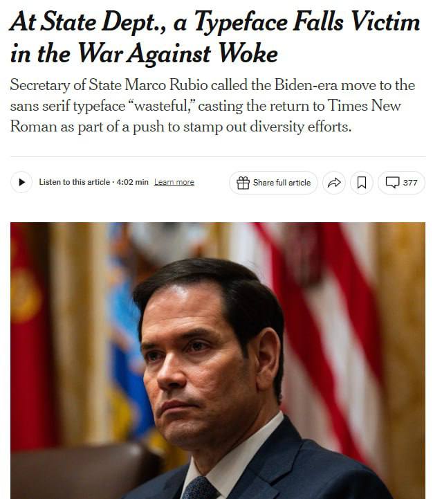 Госсекретарь США открыл войну слишком веселому шрифту Марк Рубио решил что в Госдепе стало слишком несерьезно и запретил сотрудникам писать письма легкомысленным шрифтом Calibri Теперь вся переписка правительства США выглядит как реферат по ОБЖ Times New Roman 14 кегль Проблема только в одном Calibri выбрали ради инклюзивности людям с дислексией он читался легче Но Рубио видимо уверен что дипломатии нужнее строгие буковки а не люди которые эти письма читают Ждем когда он доберется до межстрочного интервала и выставит всем двойки за несоблюдение устава Подпишитесь на Абзац TG VK Дзен MAX Rutube