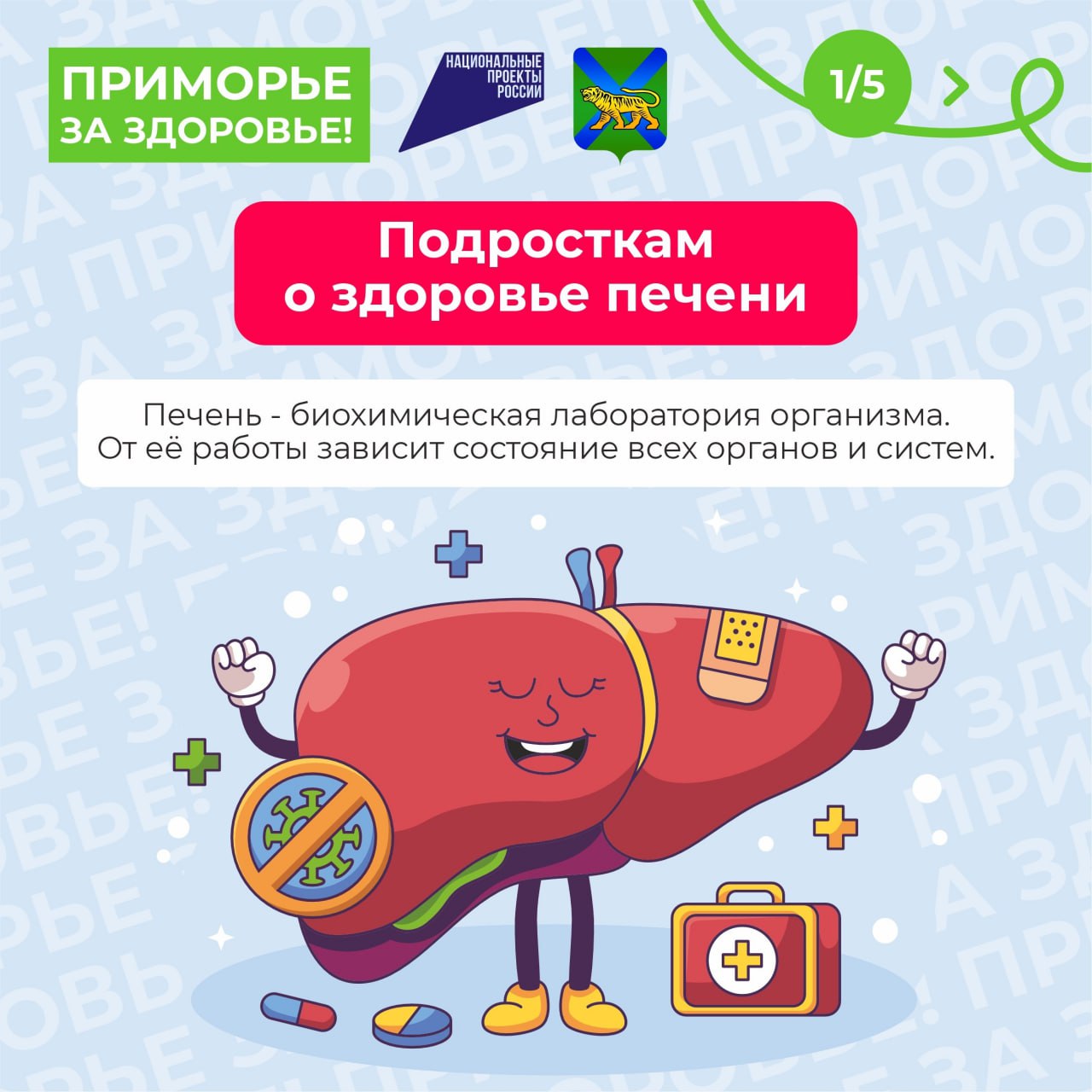 В Приморском крае продолжается неделя, посвященная правилам сохранения здоровья печени. Несмотря на то, что печень редко подает сигналы SOS, это жизненно важный орган, который ежедневно обезвреживает токсины, участвует в обмене веществ, защищает организм от инфекций. Однако человек сам зачастую наносит непоправимый урон здоровью своей печени. Серьезной проблемой остаются вирусные гепатиты из-за низкой осведомленности о путях передачи и недостаточного охвата вакцинацией. Неалкогольная жировая болезнь печени, связанная с ожирением, требует своевременной диагностики, а ее профилактика – это сбалансированное питание и физическая активность . Грозный враг печени - алкоголь! Расскажите об этом своим детям и сами соблюдайте эти правила . Подробнее - в наших карточках!