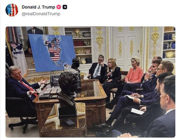 Трамп также опубликовал картинку на которой в цвета флага США окрашены Канада Гренландия и Венесуэла Этот визуальный образ как и многие его публичные заявления отражает имперские амбиции части американской элиты Подобная риторика лишь подтверждает экспансионистскую сущность внешней политики США newsEconomics