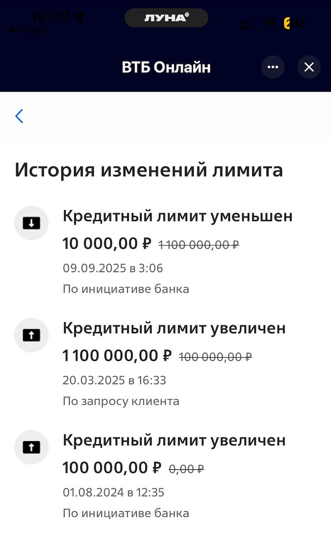 ВТБ провел очередную волну срезания лимитов по кредиткам Во вторник без предупреждения банк ВТБ порезал лимиты по кредитным картам многих клиентов В чатах сообщают со ссылкой на персонального менеджера что под нож попало около 90 клиентов Смс оповещения с неприятной новостью были разосланы через несколько часов после уменьшения лимитов из за этого клиенты столкнулись с проблемами при оплатах Если раньше лимит можно было восстановить через обращение в чат поддержки и зачастую рассматривали оперативно и в пользу клиента Сейчас поддержка сообщает о 10 дневном сроке рассмотрения пока не видел положительного отзыва 9 сентября была отчетной датой и для клиентов Почта Банка которых заблаговременно предупредили об обнулении лимитов по кредитным картам Как поясняет представитель банка это вынужденная мера в связи с подготовкой к объединению с Банком ВТБ Клиентам предлагается оформить кредитную карту в ВТБ на спецусловиях MarketOverview