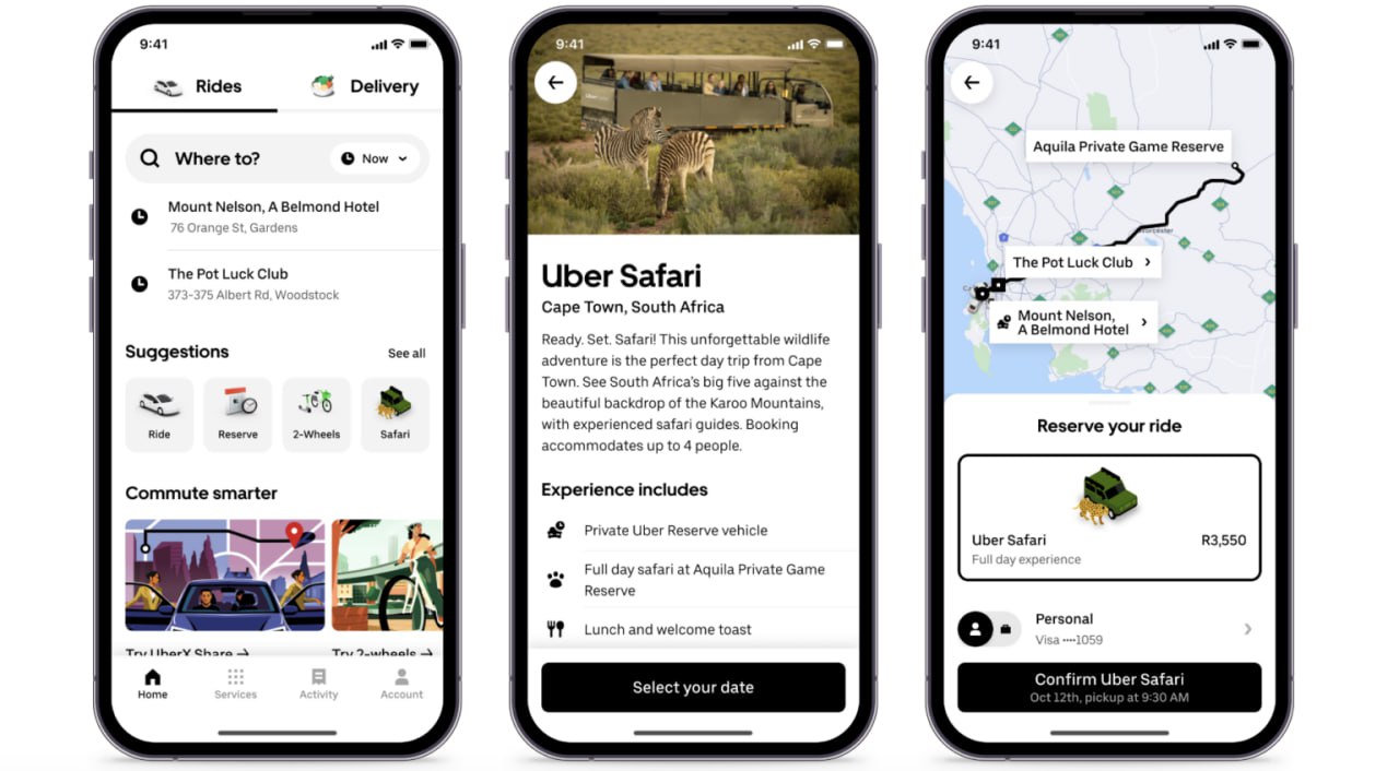 Компания Uber Technologies Inc запустила Uber Safari для упрощения бронирования сафари туров в Национальный парк Найроби единственный в мире парк дикой природы в пределах столицы Компания рассчитывает получить часть доходов от туризма в размере 4 3 млрд долларов ориентируясь на тысячи деловых туристов желающих быстро посетить сафари во время краткосрочного пребывания в столице Кении Найроби С помощью Uber Safari пользователи могут заранее забронировать в приложении трёхчасовую экскурсию с гидом чтобы понаблюдать за львами носорогами буйволами и леопардами Стоимость дневного сафари составляет 25 000 шиллингов 194 доллара ночного 40 000 шиллингов 310 долларов Партнёрами компании стали местные туроператоры и гиды с личным транспортом и опытом проведения экскурсий В сентябре 2024 года компания анонсировала запуск аналогичного сервиса для сафари в южноафриканском Кейптауне africanists