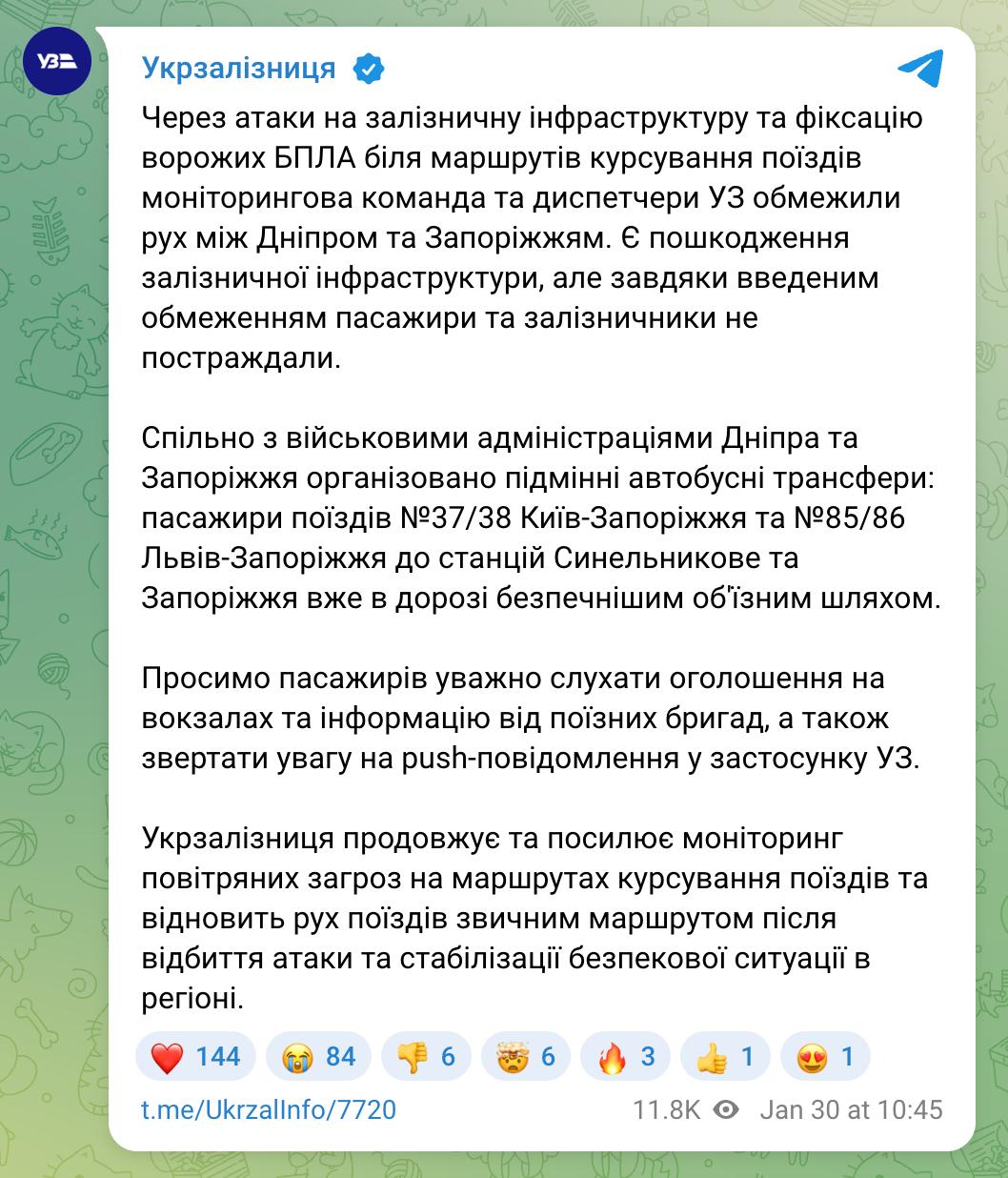 Укрзализныця сообщает об ограничении движения поездов между Днепром и Запорожьем из за российских ударов по железнодорожной инфраструктуре и фиксации БПЛА возле маршрутов Вместо поездов будут ходить автобусы Сайт Страна X Twitter Прислать новость фото видео Реклама на канале Помощь