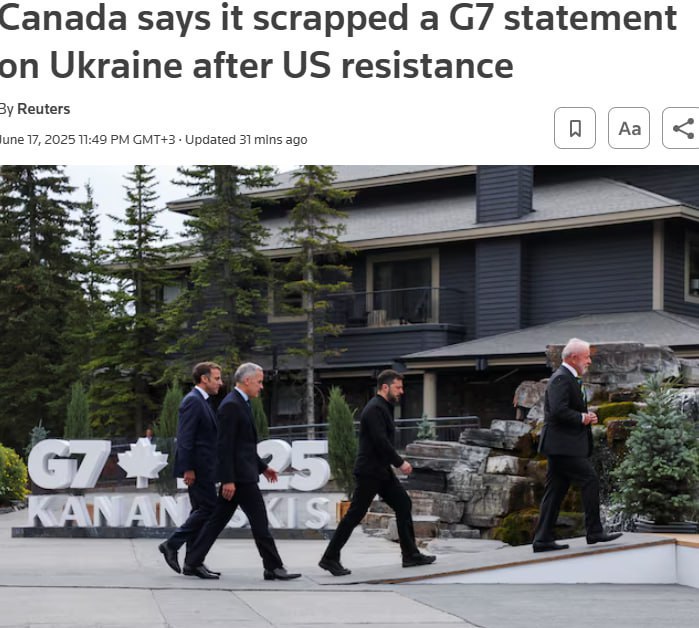 США заблокировали общее заявление G7 по Украине По словам представителя канадской делегации, Вашингтон настоял на смягчении формулировок по украинскому вопросу, что, по мнению Оттавы, было бы несправедливо на фоне визита Зеленского на саммит. В итоге от резкого заявления отказались, и лишь шесть стран G7 выступят с собственной позицией по конфликту. Ожидается, что это заявление обнародует премьер-министр Канады Марк Карни. Трамп также разочаровал G7 отказом усиливать санкции против России. По данным Bloomberg, во время ужина 16 июня лидеры стран пытались убедить президента США пересмотреть свою позицию, но он оставался непреклонен, повторяя, что санкции обходятся Вашингтону «слишком дорого». Осташко! Важное подпишись #важное