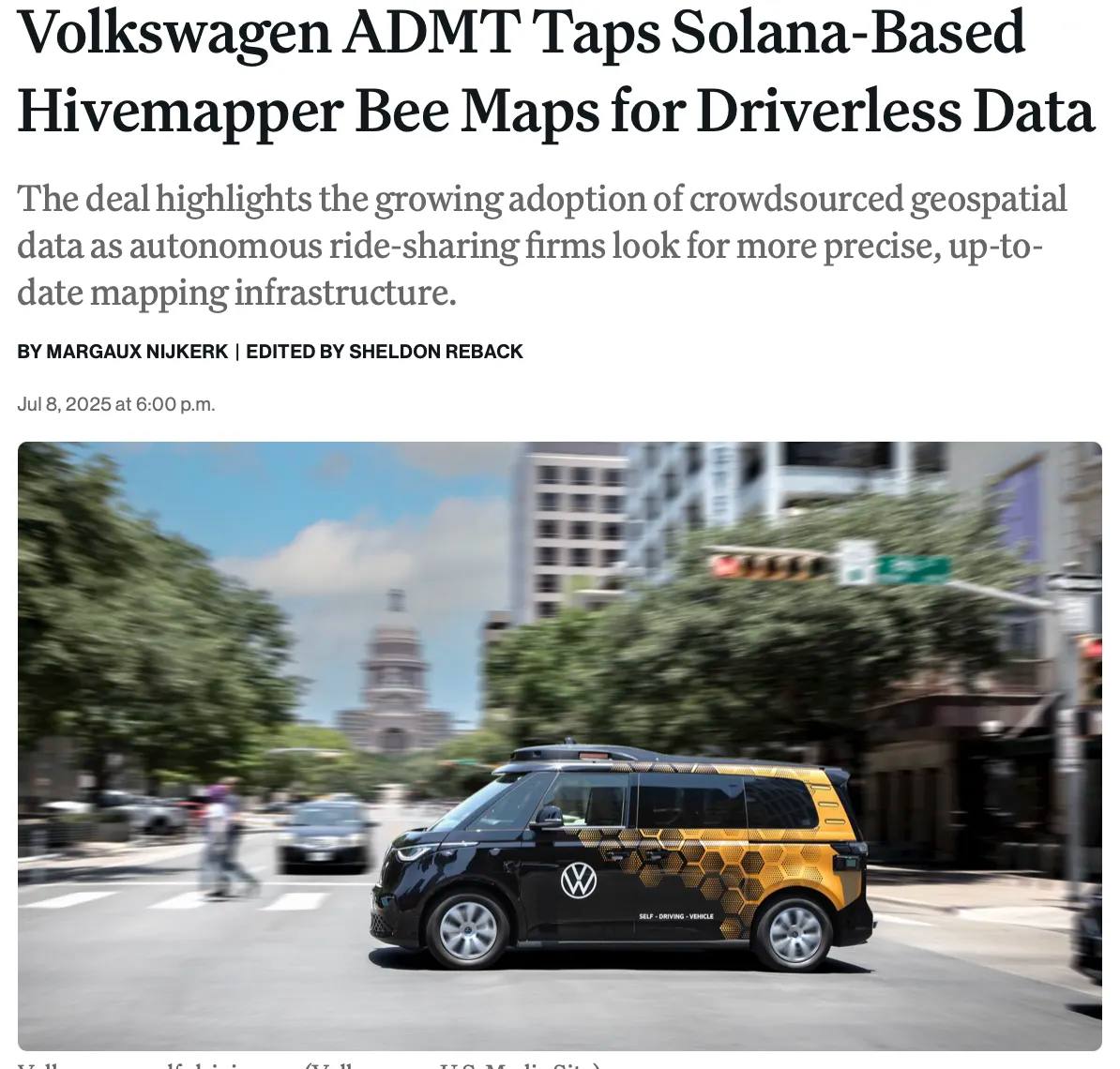 Подразделение Volkswagen ADMT по автономному вождению заключило партнерство с блокчейн-платформой Hivemapper на базе Solana для получения данных картографирования в реальном времени.