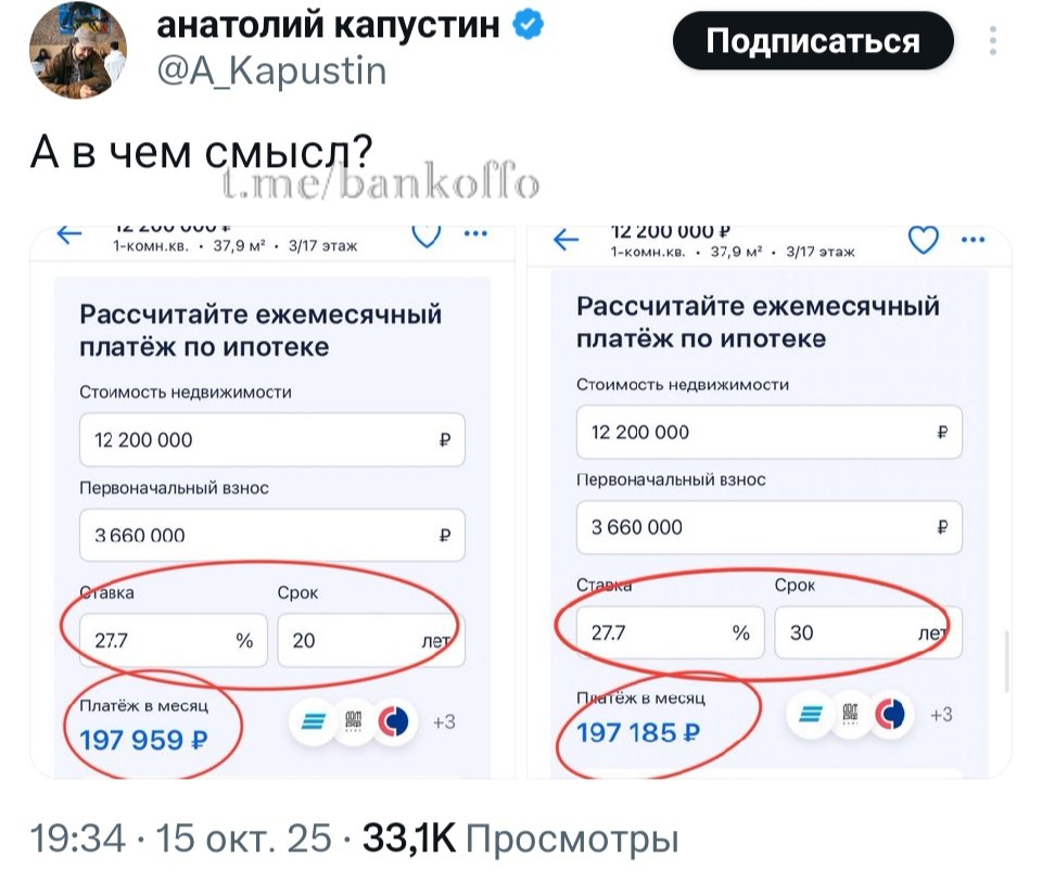 А в чём смысл В соцсетях сравнили стоимость ипотеки на 20 и 30 лет и убедились что ежемесячный платёж почти не отличается bankoffo