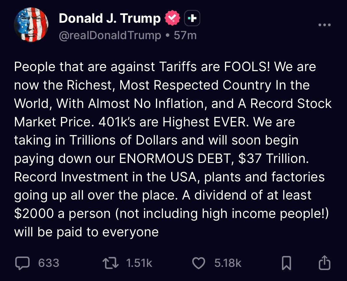 ТРАМП ПРЕДЛОЖИЛ РАЗДАЧУ ГРАЖДАНАМ ПО 2000 ДОЛЛАРОВ С ДОХОДОВ ОТ ТАРИФОВ Сумма около 400 миллиардов долларов сопоставима с общим доходом правительства США 195 млрд от таможенных пошлин в 2025 году Эффект обещает быть значительным потребуется активизация печатного станка Инвесторы криптовалют одобряют инициативу биткоин стремится преодолеть отметку в 104 тысячи долларов investing investing