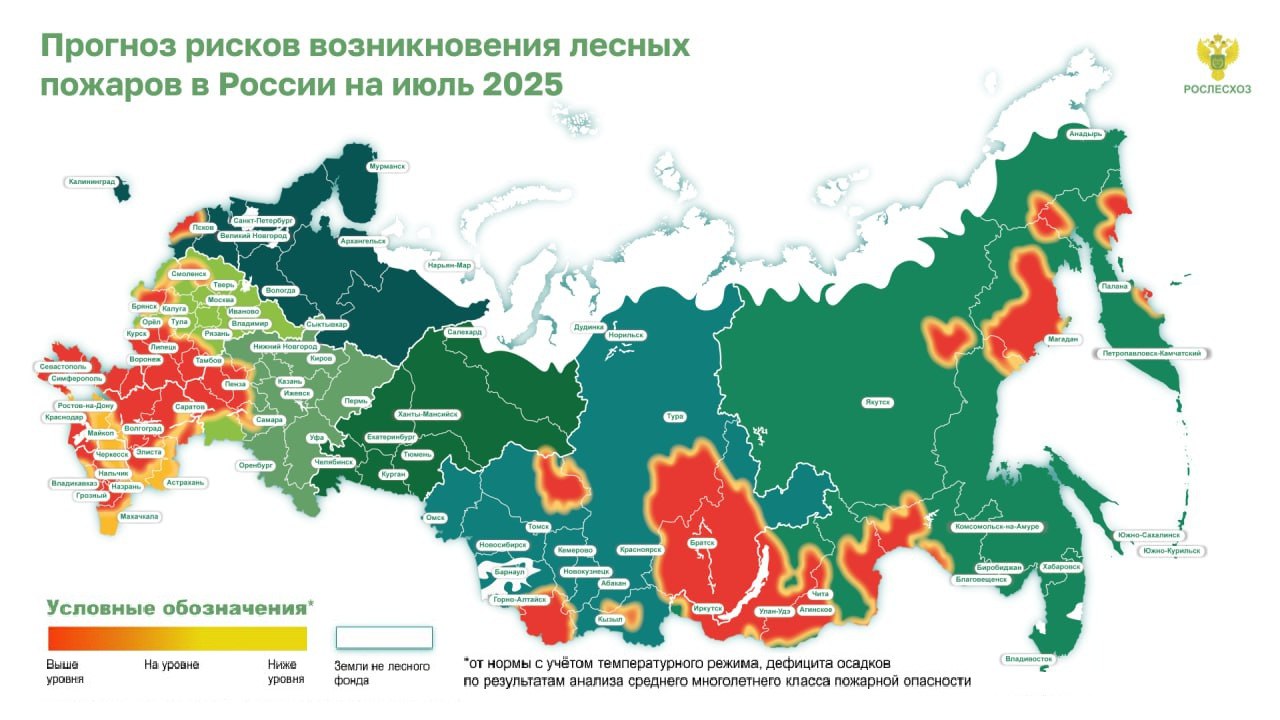 Рослесхоз опубликовал предварительный прогноз возникновения лесных пожаров в регионах России в июле. Карта составлена на основе данных Гидрометцентра России и «Авиалесоохраны», в зоне риска 49 регионов: СЗФО: Псковская область запад, восток и центр . ЦФО: Белгородская, Брянская, Воронежская, Липецкая и Тамбовская области, Тверская область юго-запад , Тульская область юго-восток , Орловская область восток , Курская область юг, запад, центр , Смоленская область юг и центр , Калужская область запад . ЮФО: Адыгея и Крым, ДНР и ЛНР, Волгоградская, Запорожская, Херсонская и Ростовская области, Кубань север, центр и юго-восток , Астраханская область запад, север и центр , Калмыкия юг, запад и центр . СКФО: Чечня, Ингушетия, Кабардино-Балкария и Карачаево-Черкесия, Дагестан север, центр и запад , Северная Осетия запад , Ставропольский край юг, центр, восток и север . ПФО: Пензенская область, Саратовская и Самарская области запад и центр , Мордовия центр и восток , Чувашия юго-запад , Ульяновская область юг, запад и восток . СФО: Алтай, Красноярский край юг и восток , Иркутская область юг, запад, центр и север , Томская область центр и восток , Тува центр . ДФО: Бурятия юг, запад, центр и восток , Чукотка юго-запад , Камчатка северо-запад и восток , Магаданская область север, юг, центр и восток , Хабаровский край север , Амурская область юго-запад и центр , Забайкальский край запад, восток и центр , Якутия восток .