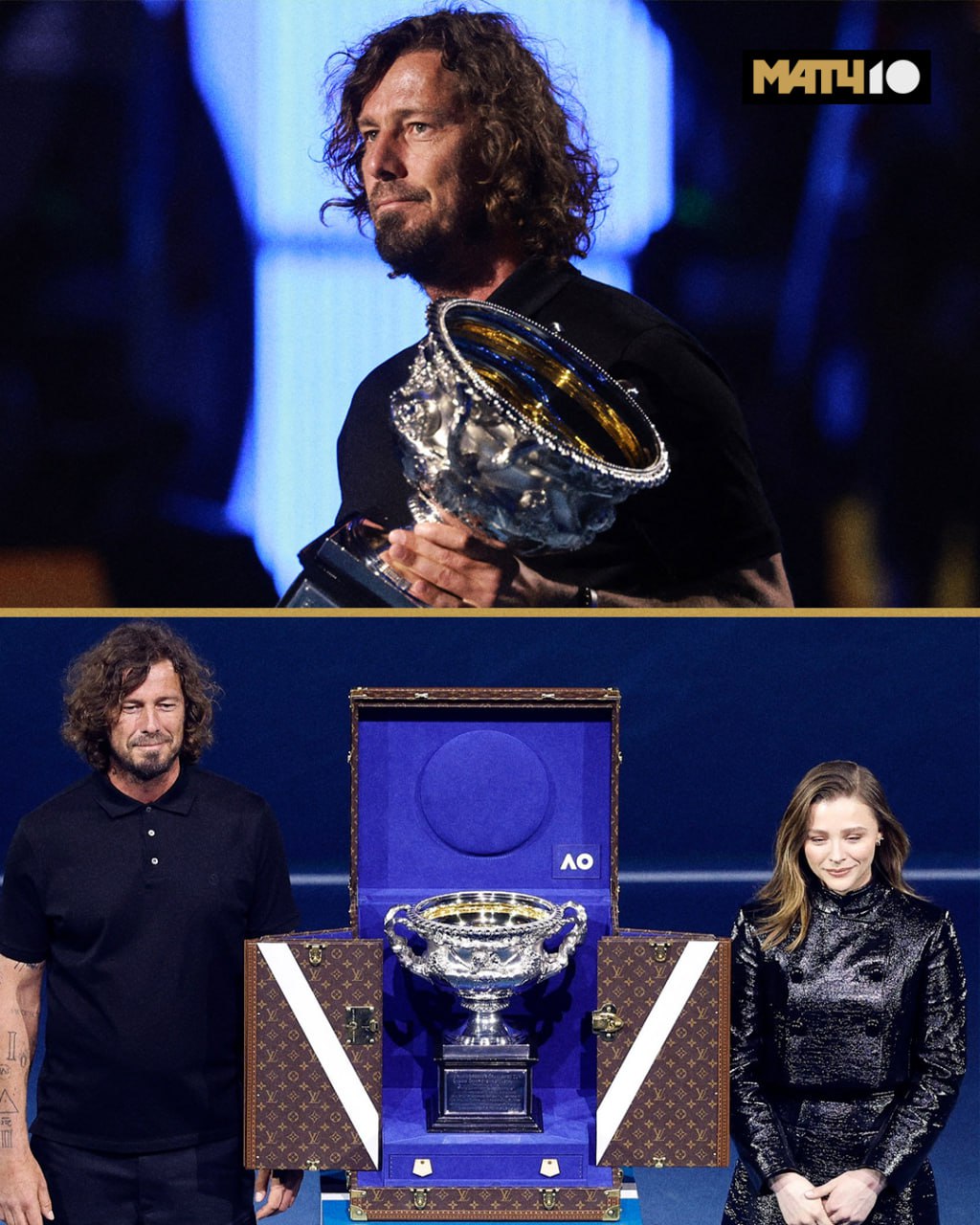 Сафин с трофеем Australian Open Марат презентовал награду перед матчем Джоковича и Алькараса Компанию составила актриса Хлоя Грейс Морец Россиянин раздал стиля Идеальное начало финала Match TV