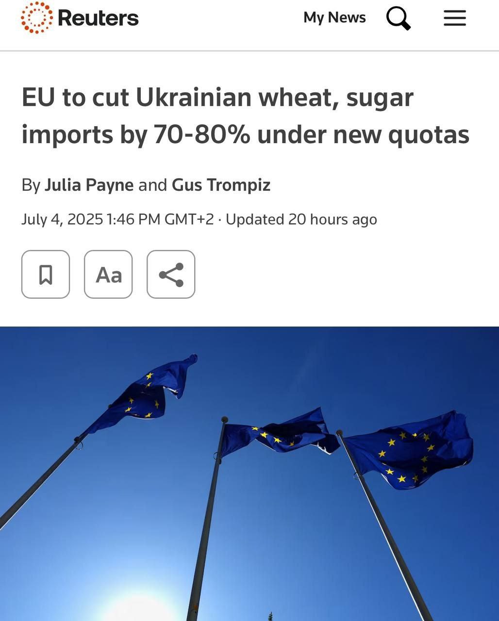 ЕС урезает импорт украинской пшеницы и сахара на 70-80, — Reuters После протестов европейских фермеров Брюссель возвращает квоты. Новые объемы-в разы меньше тех, что Украина экспортировала последние 3 года. Теперь аграриям придется больше продавать в Африку и Азию — из-за рискованного Черного моря. _ Это "потужно", вЭсь мир с Украиной.