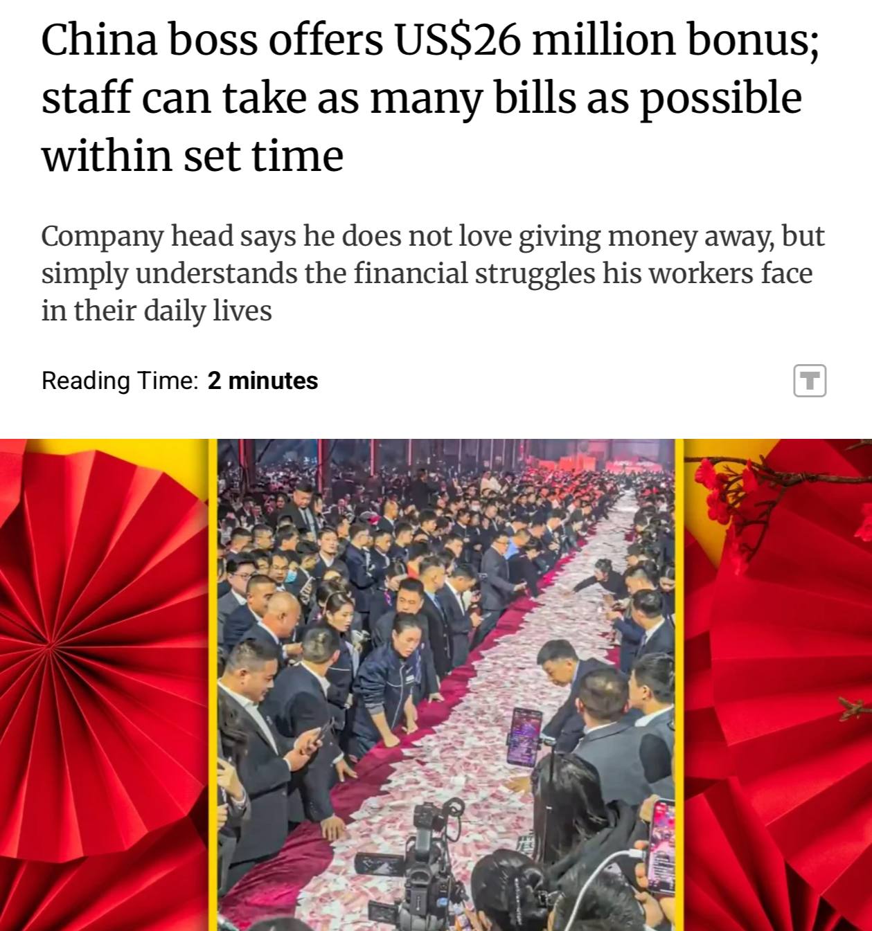 Китайский руководитель вручил сотрудникам годовую премию в размере 26 млн долларов На ежегодной корпоративной вечеринке в Китае начальник компании организовал выдачу денежных премий сотрудники могли свободно забрать наличные средства в неограниченном количестве Для мероприятия было подготовлено 800 столов где собрано около 7 тыс работников предприятия investing investing