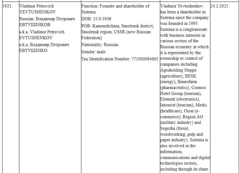 Владимир Евтушенков попал в 16 пакет санкций ЕС.  Список – максимально странный. В отличие от предыдущих подобных листов, здесь отсутствует общая логика. К нашему удивлению, в списке оказался Владимир Евтушенков, который обозначен основателем и акционером АФК «Система».  Кроме этого, по нашей отрасли, стоит отметить в списках производителя «Морион», а также донецкого оператора «Комтел».