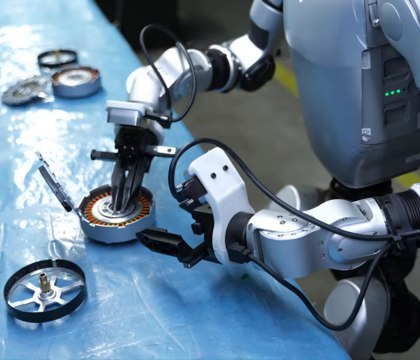 Гуманоидные роботы Unitree G1 начали собирать детали для самих себя Компания Unitree опубликовала видеоролик на котором продемонстрировала как гуманоидный робот G1 собирает детали для аналогичной модели на производственной линии Как пишет Humanoids Daily переход к заводским условиям даже контролируемым собственным является значительным шагом на пути к цели 80 80 предложенной генеральным директором Unitree Ван Синсином