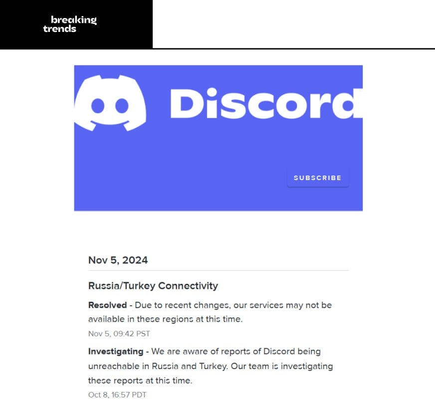 Discord сдержал обещание и все же провел расследование, в котором выяснил, что стало причиной блокировки мессенджера в России и Турции, но есть нюанс. Из-за изменений услуги Discord могут быть недоступны в этих регионах в настоящее время.  Тем временем пользователи на форумах пишут, что веб-версия продолжает работать, нужно использовать сервисы для обхода блокировок. Что касается десктопной и мобильной версии, здесь все сложнее.    Breaking Trends