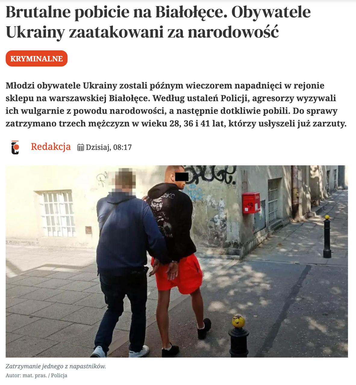 В Варшаве вечером молодых украинцев жестоко избили возле магазина из за национальности сообщает Raport Warszawski со ссылкой на полицию Арестованы трое поляков 28 36 и 41 лет У них нашли мефедрон Сопровождавшая украинцев девушка снимала конфликт на видео Сайт Страна X Twitter Прислать новость фото видео Реклама на канале Помощь