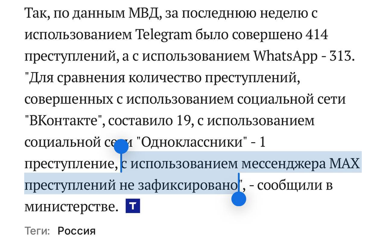 Госмессенджер Max — единственная платформа в России, на которой не произошло ни одного преступления за последнюю неделю, заявили в МВД. При этом в Max зарегистрировано лишь 2 млн человек, а в российском сегменте Telegram — более 85 млн человек. 74% россиян используют именно Telegram.