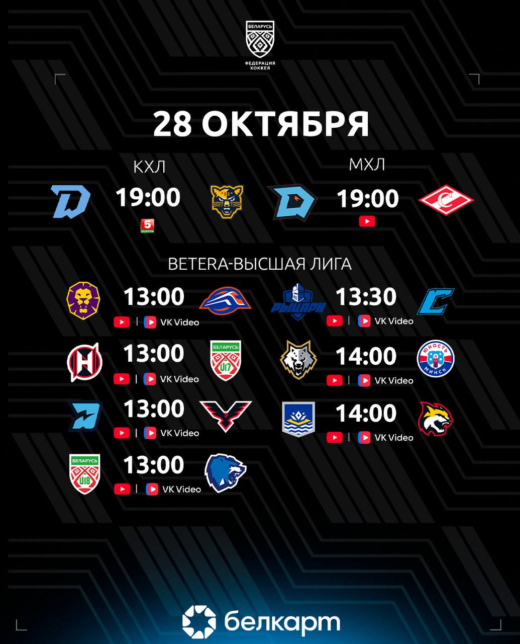 Минское Динамо продолжит домашнюю серию матчем против Сочи Динамо Шинник примет Спартак Ястребы попробуют взять реванш у Динамо Олимпика и еще шесть матчей в Betera Высшей лиге КХЛ 19 00 Динамо Мн Сочи МХЛ 19 00 Динамо Шинник Спартак Betera Высшая лига 13 00 Днепровские львы Локо 13 00 Прогресс Беларусь U17 13 00 Ястребы Динамо Олимпик 13 00 Беларусь U18 Медведи 13 30 Рыцари Соболь 14 00 Белсталь Юниор 14 00 Нефтехимик Рыси hockeyby