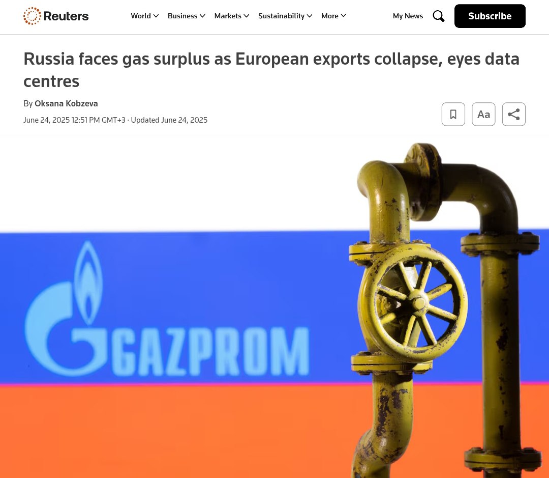 В России скопился ненужный газ У «Газпрома» накопилось 60 млрд кубометров нераспроданного газа из-за потери европейского рынка и провала переговоров с Китаем. Экспорт в Европу рухнул с 200 до 30 млрд кубометров, а «Сила Сибири» компенсирует лишь пятую часть потерь. Эксперты называют положение компании «отчаянным» при невозможности монетизировать гигантские запасы. Крем - Наш VPN