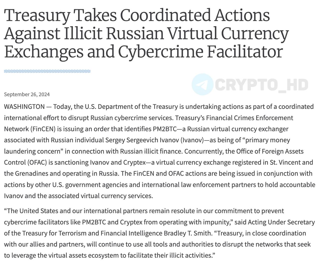 Минюст США ввел санкции против российских криптобирж PM2BTC и Cryptex  список OFAC  – релиз   «США и наши международные партнеры полны решимости НЕ допустить безнаказанной деятельности посредников в киберпреступности».  OFAC и FinCEN «прикладывают совместные усилия по борьбе с отмыванием денег».  Crypto Headlines