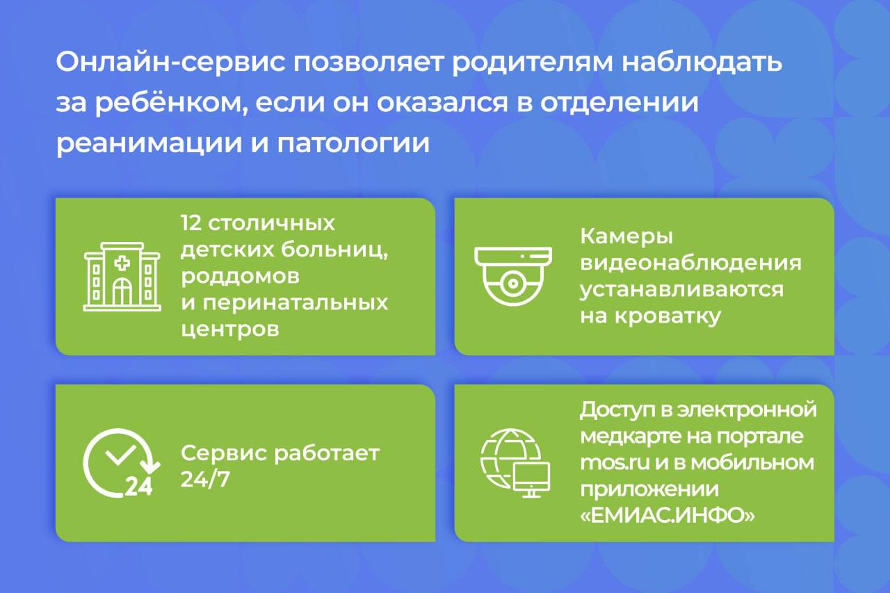 Теперь мамы могут подключить видеотрансляцию из реанимации для новорожденных   По словам Сергея Собянина, такую возможность предоставят 12 детских больниц, роддомов и перинатальных центров столицы.   Видеонаблюдение за кроваткой ребенка доступно в электронной медкарте на портале mos.ru и в мобильном приложении «ЕМИАС.ИНФО». Кроме того, мамы смогут предоставлять временный доступ к онлайн-видеотрансляции любому члену семьи. Для подключения нужно обратиться к заведующему отделением или лечащему врачу.