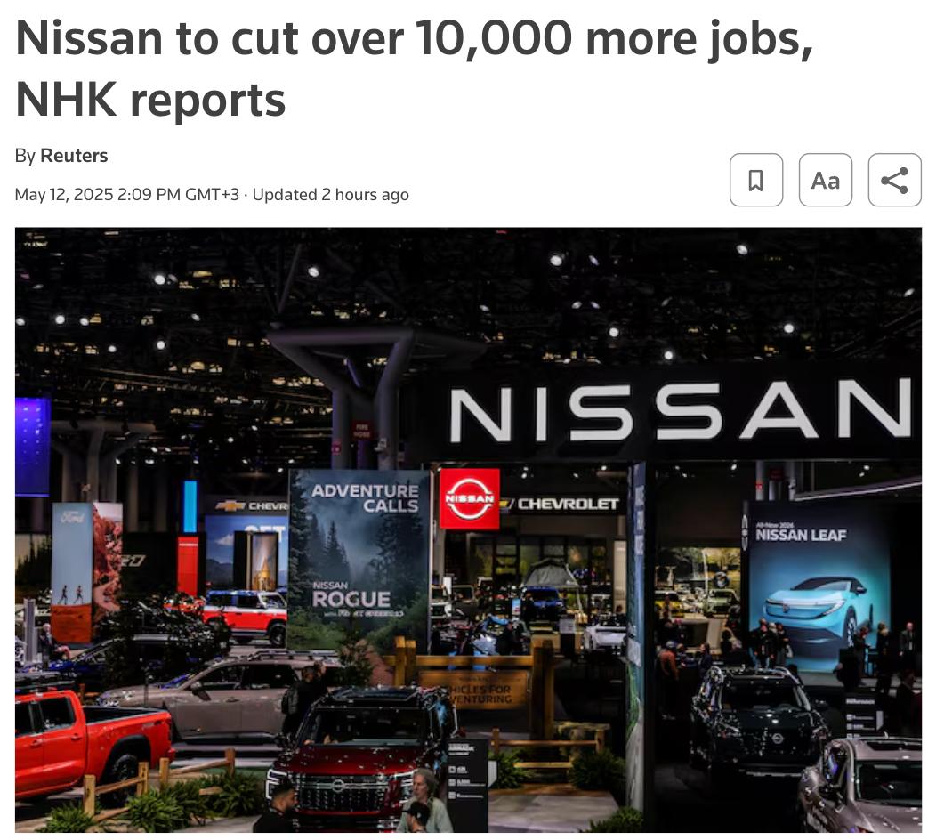 Nissan сократит ещё более 10 тысяч рабочих мест в Японии и за рубежом на фоне ухудшения эффективности бизнеса, сообщает NHK. В сочетании с предыдущими мерами это приведет к сокращению примерно 20 тысяч сотрудников — 15% от общей численности работников компании. Как поясняет NHK, акции автопроизводителей по всему миру резко упали после того, как Трамп заявил о планах ввести пошлины на все транспортные средства и автозапчасти иностранного производства, ввозимые в США. Но проблемы Nissan связаны не только с Трампом. Компании всё труднее конкурировать на рынке — из-за электромобилей и китайских «коллег».