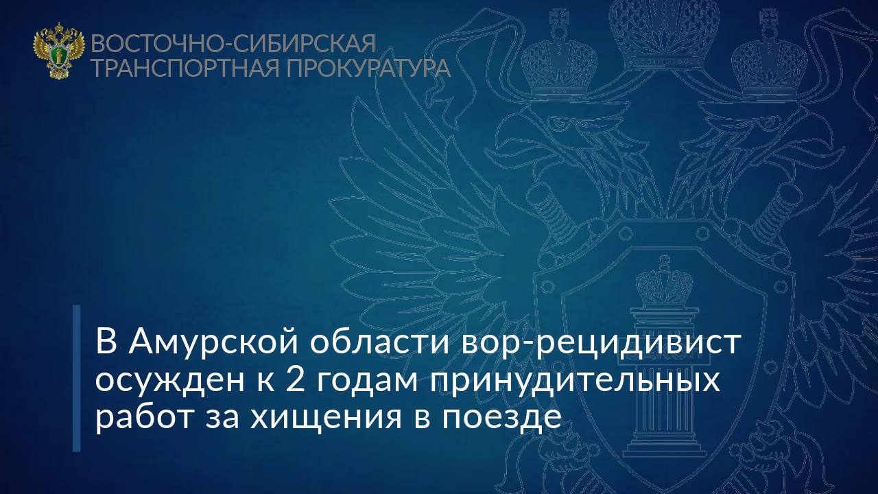 В Амурской области вор-рецидивист осужден к 2 годам принудительных работ за хищения в поезде    Приговором Сковородинского районного суда Амурской области вынесен приговор в отношении ранее судимого 30-летнего жителя с. Талдан. Он признан виновным в совершении преступлений, предусмотренных п. «г» ч. 2 ст. 158 УК РФ  кража, совершенная из сумки, находившейся при потерпевшем , п. «в» ч. 2 ст. 158 УК РФ  кража, совершенная с причинением значительного ущерба потерпевшему .  Судом установлено, что в августе 2024 года мужчина, следуя и пассажирском поезде сообщением Благовещенск – Чита, ночью украл из женской сумки устройство для курения  вейп  и скрылся с места преступлення.  Через 2 месяца жулик вновь совершил хищение в плацкартном вагоне поезда – украл сотовый телефон у ребенка.    Суд, с учетом позиции государственного обвинителя – Сковородинского транспортного прокурора, назначил подсудимому наказание в виде принудительных работ сроком на 2 года, с удержанием 10% из заработной платы в доход государства.  #Амурскаяобласть #приговор