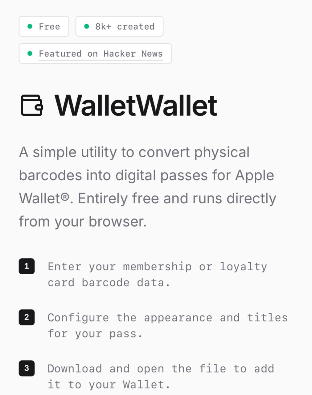 Лояльные карты теперь в Apple Wallet В интернете стало популярным использование сервиса WalletWallet который позволяет удобно хранить все ваши бонусные карты и купоны Сервис работает прямо в браузере без необходимости регистрации бесплатно и конфиденциально Для использования Перейдите на WalletWallet Загрузите изображение карты с QR или штрихкодом Получите файл pkpass Откройте его на iPhone и добавьте в Apple Wallet Теперь карта Пятёрочки всегда под рукой TechGPTNews