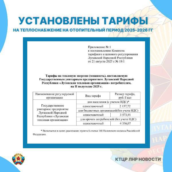 В ЛНР утвердили новые тарифы на тепло В Комитете по тарифам ЛНР опубликовали тарифы на отопительный сезон 2025 2026 В среднем тепло для населения будет стоить около 54 09 рублей за квадратный метр Подписаться