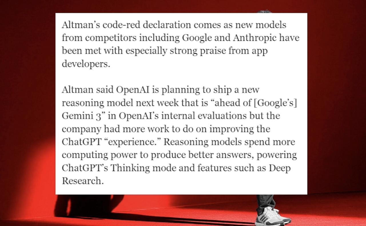 OpenAI вводит code red новый reasoning модель уже на следующей неделе OpenAI объявила внутренний code red компания временно перераспределяет людей и мощности чтобы сфокусироваться на усилении ChatGPT на фоне растущей конкуренции со стороны Google и других игроков Главное Новый reasoning модель выходит уже на следующей неделе по внутренним тестам она обгоняет Google Gemini 3 и станет основой для Thinking Mode и Deep Research Приоритет качество продукта а не монетизация рекламные пилоты включая шопинг рекламу продолжаются но масштабный запуск отложен пока команда улучшает персонализацию и UX для аудитории в 800 млн пользователей в неделю В рамках code red OpenAI усиливает персонализацию ускоряет ответы снижает число ненужных отказов и улучшает поведение моделей чтобы повысить позиции ChatGPT в лидербордах вроде LMArena Отдельный фокус генерация изображений после сильного релиза Google Nano Banana Pro OpenAI хочет удержать конкурентоспособность Imagegen в творческих и коммерческих сценариях Стратегические ставки огромны ChatGPT обслуживает 70 глобальной assistant активности и около 10 поиска OpenAI рассчитывает удвоить выручку 10B 20B 35B к 2027 году и привлечь около 100B инвестиций на фоне давления со стороны Google и Anthropic Неделя обещает быть жаркой впереди один из самых важных релизов OpenAI за год www theinformation com articles openai ceo declares code red combat threats chatgpt delays ads effort