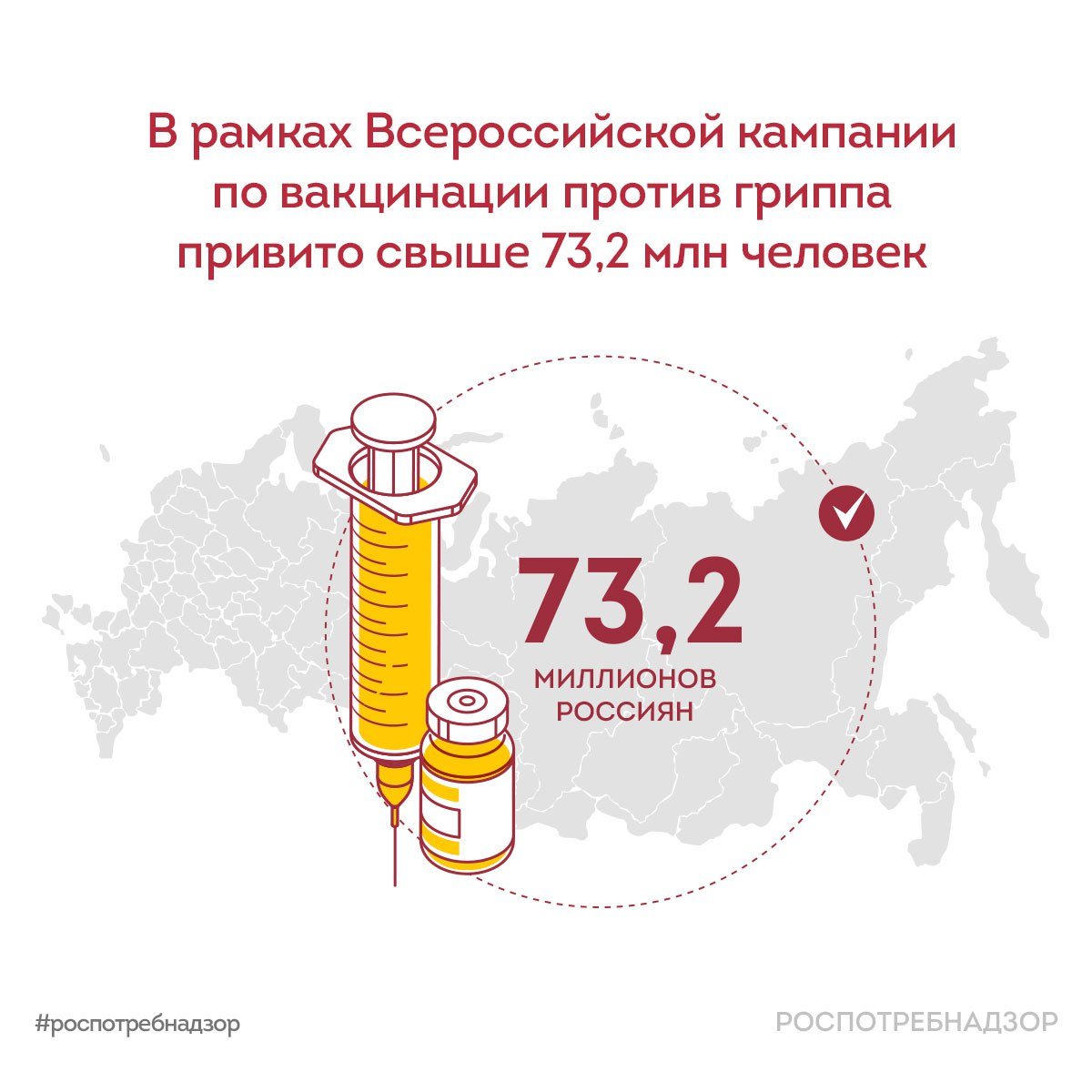 В рамках Всероссийской кампании по вакцинации против гриппа привито свыше 7  3  ,2   млн человек   За прошедшую неделю в России количество заболевших ОРВИ на 11,7% выше по сравнению с предыдущей неделей, зарегистрировано 7  0  1   тыс. случаев. Превышение среднероссийского показателя наблюдается в 45 регионах страны.       17,2% заболеваемости  ОРВИ приходится на: — Москву; — Санкт-Петербург; — Московскую область.      В структуре установленных респираторных вирусов преобладают вирусы негриппозной этиологии. Положительные находки вирусов гриппа единичны.        По итогам 46 недели в России зарегистрировано более 2  5  ,4   тыс. COVID-19, что на 21,6% выше, чем на прошлой неделе. На территории РФ доминирующим вариантом остается линия JN.1 и его сублинии KS.1 , JN.1.16.1 . Сотрудники ведомства продолжают мониторировать ситуацию с новым вариантом COVID-19 - XEC, всего за весь период обнаружено 45 случаев.   Роспотребнадзор напоминает, в сезон подъема заболеваемости важно помнить о профилактике. Соблюдайте личную гигиену:  — мойте руки перед едой и после посещения общественных мест; — избегайте близкого контакта с людьми с признаками заболевания; — регулярно проветривайте помещения и поддерживайте оптимальную влажность воздуха; — при первых признаках недомогания обращайтесь к врачу, чтобы избежать негативных последствий для своего здоровья.     Ситуация на контроле Роспотребнадзора.     #новости_Роспотребнадзора