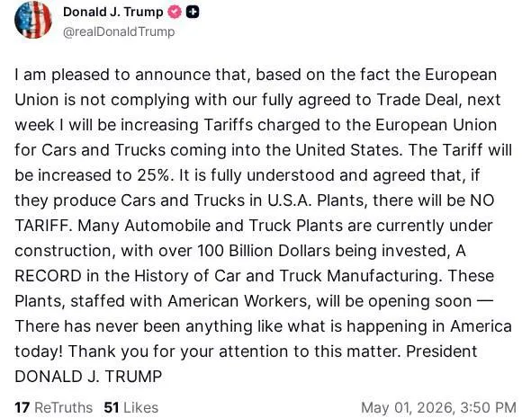 Трамп повышает импортные пошлины в отношении автомобилей и грузовиков произведенных в Евросоюзе до 25 Я рад сообщить что из за того что Европейский союз не соблюдает условия нашего торгового соглашения на следующей неделе я повышу пошлины взимаемые с Европейского союза за легковые и грузовые автомобили ввозимые в Соединенные Штаты Пошлины будут увеличены до 25 написал он в своей соцсети Truth Social Президент отметил что на автомобили произведенные европейскими компаниями на территории США пошлины распространяться не будут Сайт Страна X Twitter Прислать новость фото видео Реклама на канале Помощь
