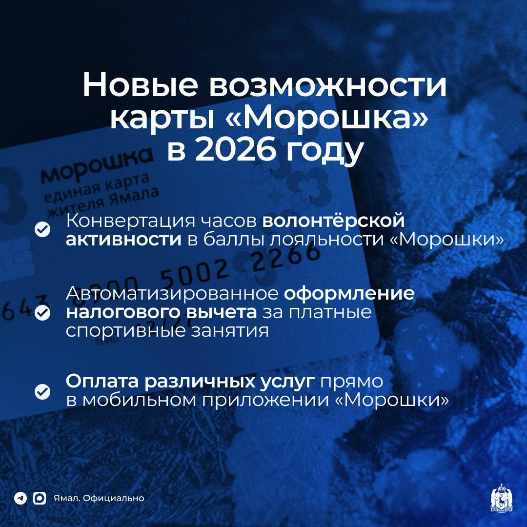 Планы по развитию карты Морошка были представлены на конференции в Салехарде В 2026 году пользователей ждут три ключевые новинки подробнее о них в карточке Среди прочего в приложении ямальцы смогут оформлять налоговый вычет за спортивные занятия Инициатива избавит от сбора справок платформа с согласия пользователя сама передаст все необходимые данные в ФНС что значительно ускорит процесс получения вычета ℹ  К проекту Морошка уже подключился каждый второй житель Ямала это более 320 тысяч человек   ЯМАЛ Официально Подписаться