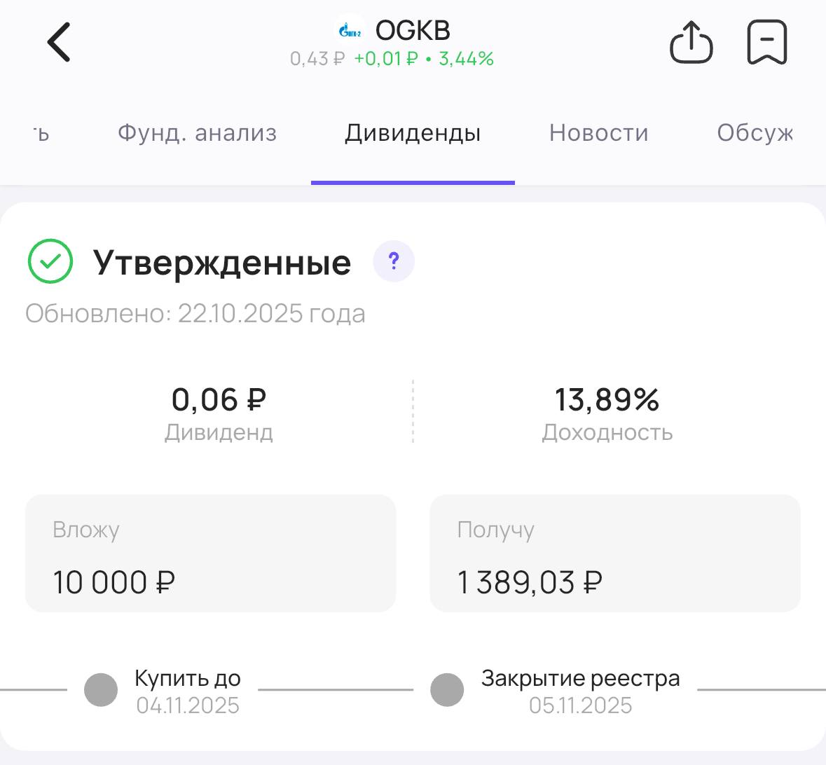 ОГК 2 утверждает дивиденды Акционеры компании ОГК 2 OGKB утвердили выплату дивидендов за 2024 год Теперь их точно выплатят Размер дивиденда 0 0598 на акцию Доходность 13 89 Последний день для покупки акций для получения дивидендов 4 ноября Подписаться на Дивиденды дивиденды