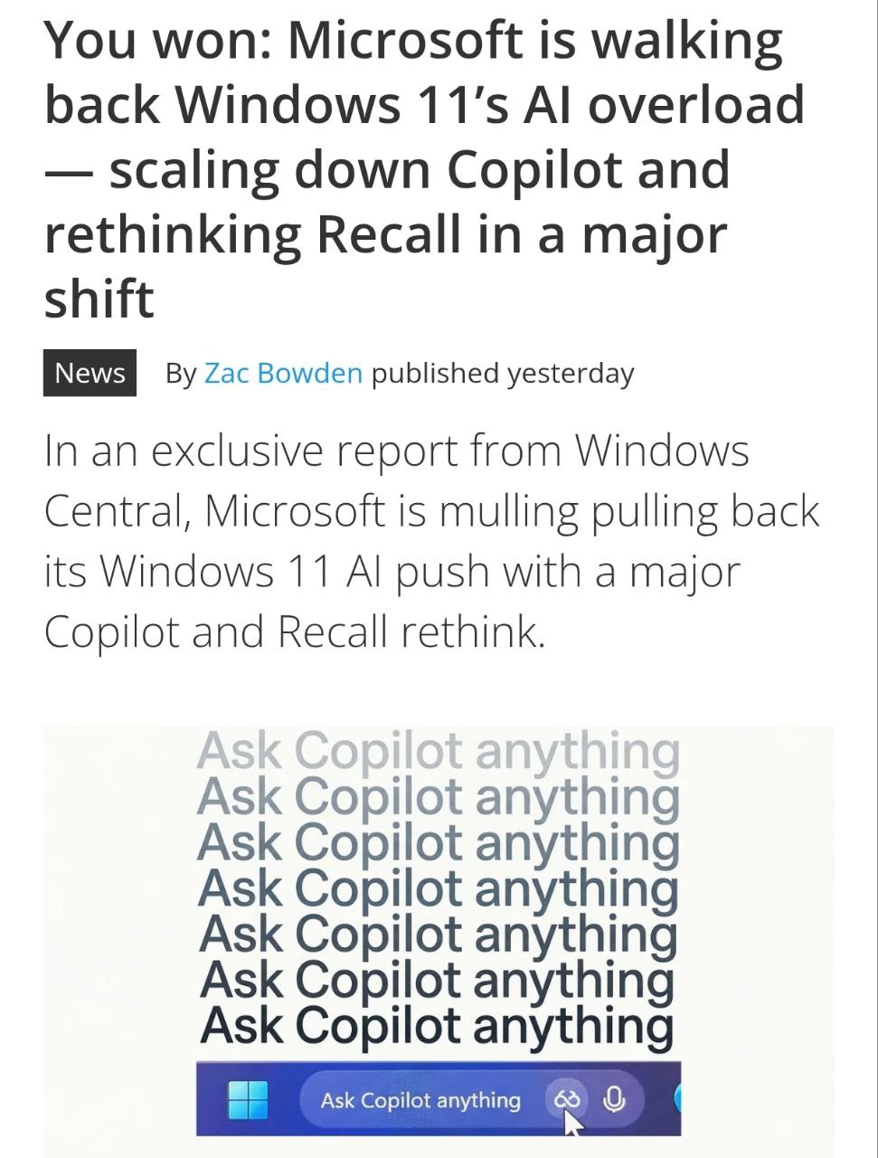 Microsoft признал что повсеместное навязывание ИИ было ошибкой Компания собирается откатить часть интеграций Copilot из стандартных приложений вроде Блокнота и Paint а ещё поставить ИИ обновления на паузу Это нужно чтобы вернуть доверие пользователей меньше навязчивого ИИ больше оптимизации и надёжности Потому что на самом деле пользователи хотят от операционки одного чтобы она нормально работала Со всем остальным они уже как нибудь разберутся сами