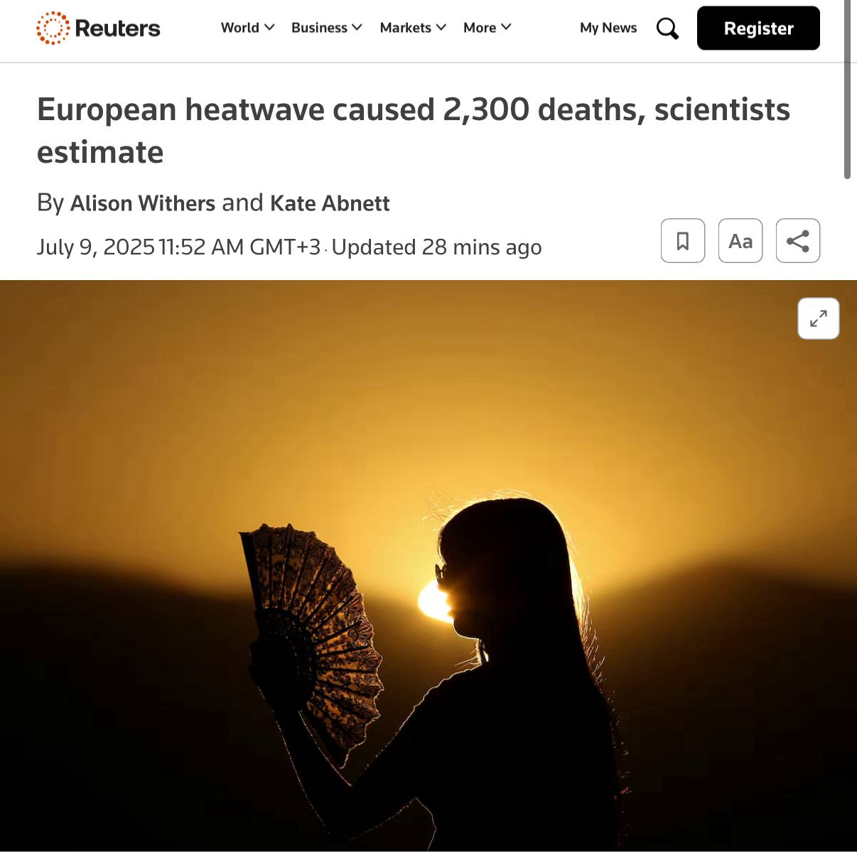 Жара в Европе унесла жизни 2300 человек, сообщает Reuters.  Согласно данным исследования, охватившего 12 европейских городов, включая Барселону, Мадрид, Лондон и Милан, за 10-дневный период до 2 июля от аномальной жары погибли 2300 человек.   В Испании температура воздуха достигала 40°C, а во Франции экстремальная жара спровоцировала масштабные лесные пожары. Исследование, проведенное учеными, вновь подчеркивает разрушительные последствия климатических изменений для европейского региона.    ПОДПИШИСЬ -