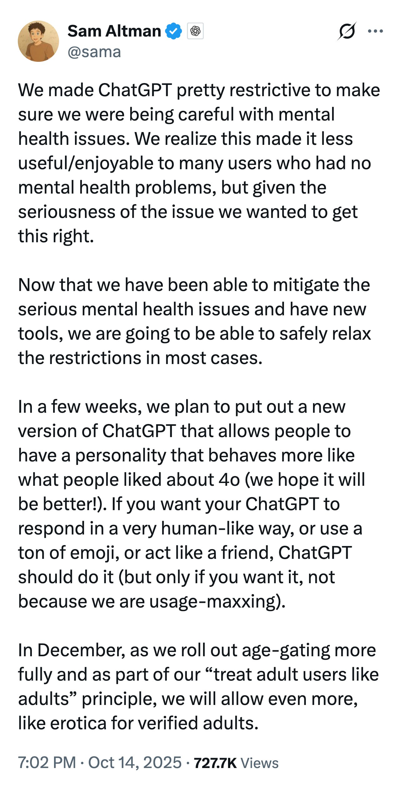 ChatGPT получит СЕКС апдейт в бота завезут чаты БЕЗ цензуры в декабре Для разблокировки фичи нужно будет подтвердить возраст Осталось продержаться ноябрь PushEnter