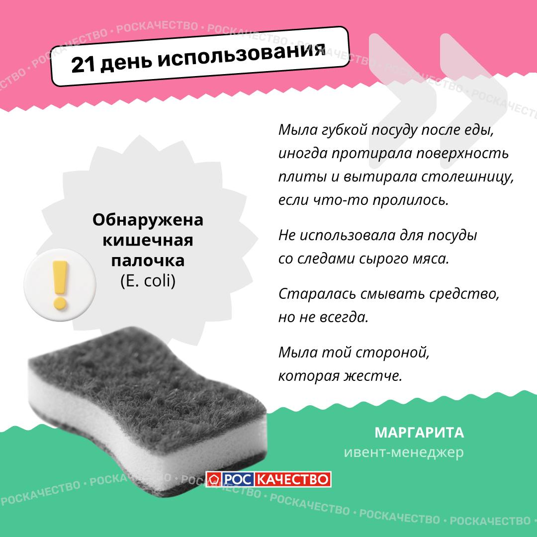 Мы выяснили какие бактерии живут на кухонной губке Мы провели микробиологические тесты на пяти губках. Четыре из них использовались по назначению, а одну мы взяли в качестве контрольного образца — новая, неиспользованная губка, поверхность которой мы оценили для сравнения. Сразу отметим, что новая губка чиста с точки зрения микробиологии! Мы исследовали губки на предмет патогенных бактерий, которые могут привести к отравлению и/или серьезным заболеваниям, таким как сальмонеллез, листериоз и др. В ходе исследования мы не обнаружили сальмонеллу, золотистый стафилококк, листерии и парагемолитические вибрионы условно-патогенные микроорганизмы . ‼ Кишечная палочка была обнаружена только в губках под номером 4 и 5, которые были в активном использовании в течение 14 и 21 дня. Как мыли посуду участники эксперимента читайте в карточках. Исходя из того, что мы выявили нежелательную флору на губках, которые использовались две недели и более, напрашивается вывод: кухонные губки не стоит использовать более 10 дней! В следующем посте расскажем, как обрабатывать губки, чтобы они были безопасны! Более подробно можете изучить материал исследования по ссылке.