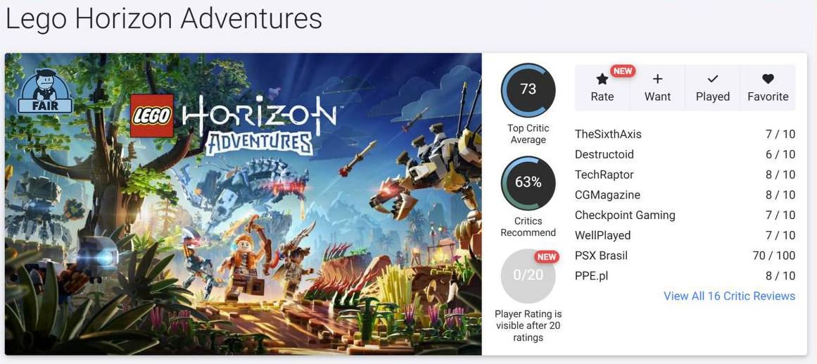 Начальные отклики на LEGO Horizon Adventures — 73 балла на Opencritic  Игру отмечают за семейную атмосферу, визуальные эффекты и находчивые диалоги, но указывают на однообразие игрового процесса и короткую продолжительность как на недостатки.  Выход состоится 14 ноября на PS5, ПК и Nintendo Switch, что делает её первой франшизой, распространяемой на консоли Nintendo.