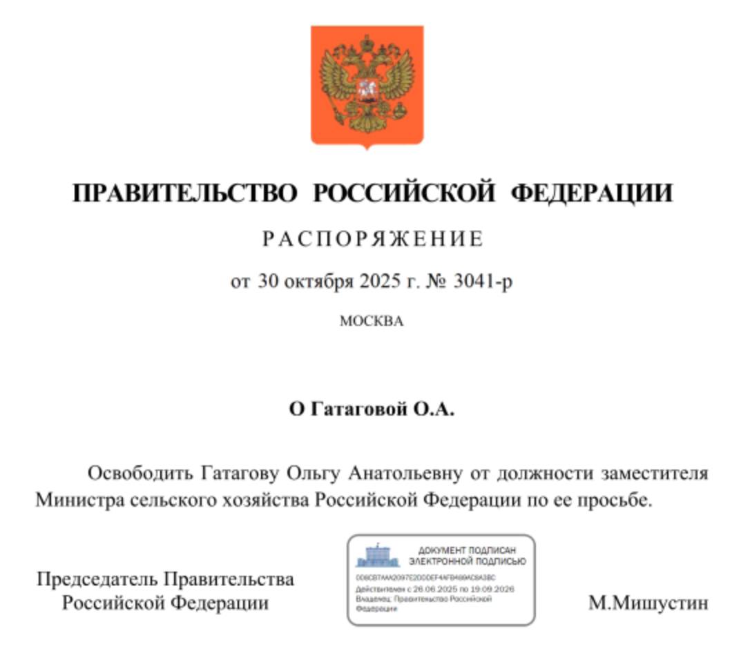 Ольга Гатагова попросила освобождения от должности заместителя министра сельского хозяйства РФ на которой ей удалось потрудиться почти шесть с половиной лет